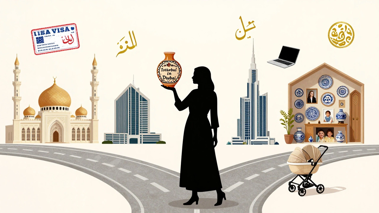 A Turkish woman at a cultural crossroads in Dubai, holding handmade ceramics and symbols of her life.