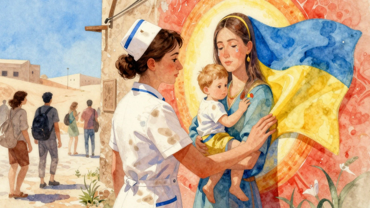 A Ukrainian nurse stands before a mural of a woman and child with a Ukrainian flag near Dubai Creek.