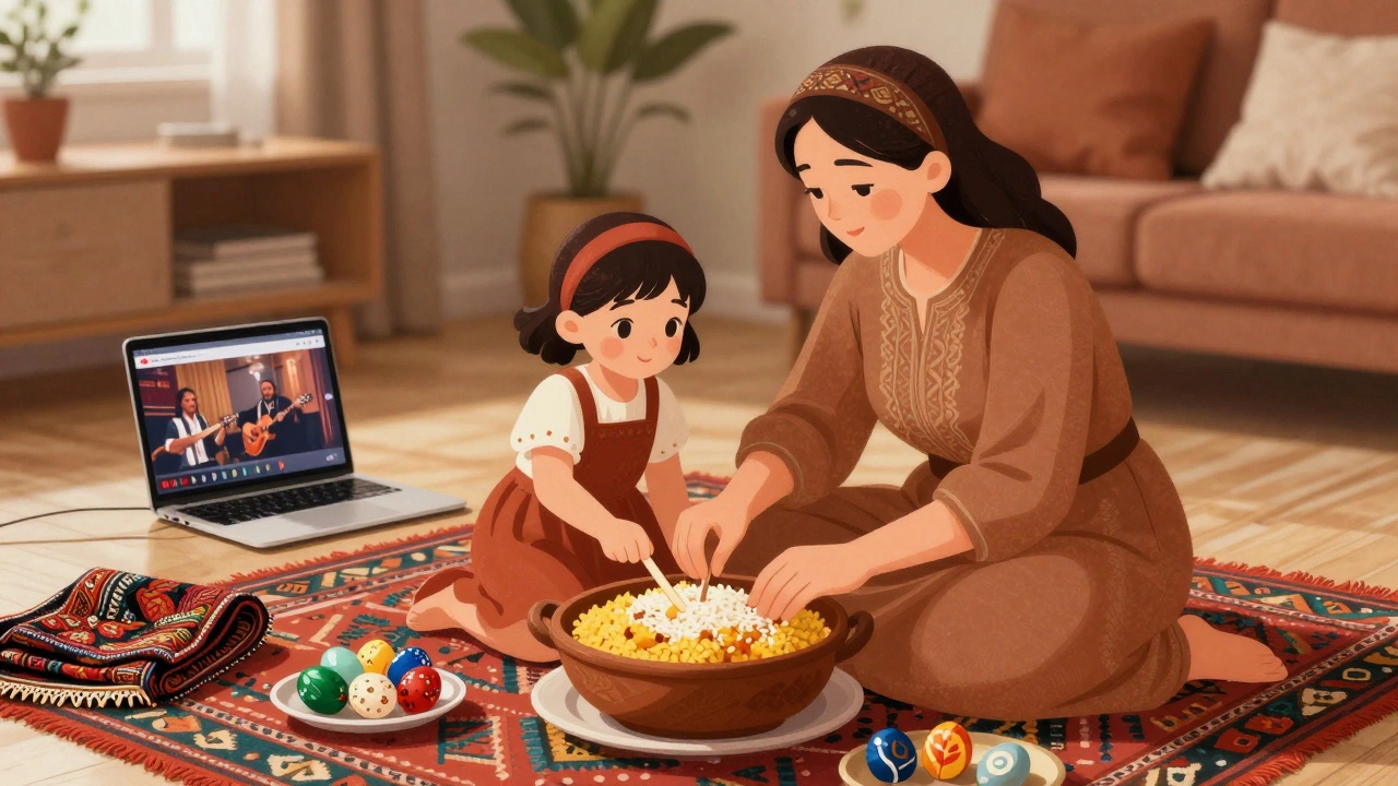 A Uzbek mother and daughter cooking plov together at home, surrounded by traditional embroidery and painted eggs for Nowruz.