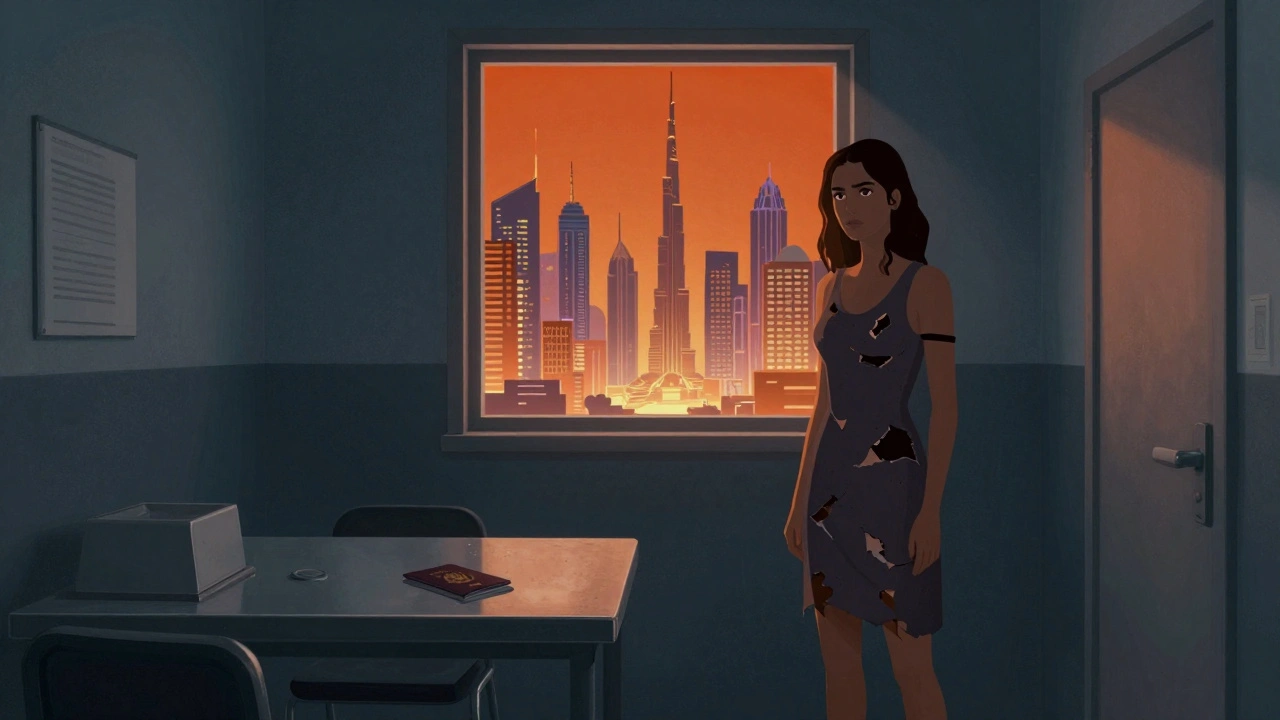A woman in a detention cell looks out at Dubai's skyline, her passport lying on a table — symbols of lost freedom.