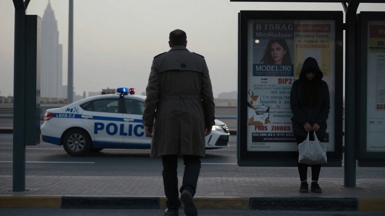 A woman stands at a bus stop at dawn, holding a bag, as a shadowy figure walks away from police lights.