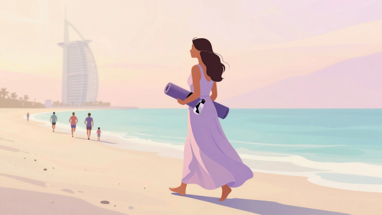 A woman walking alone on Jumeirah Beach at sunrise with a yoga mat, skyline in the distance.