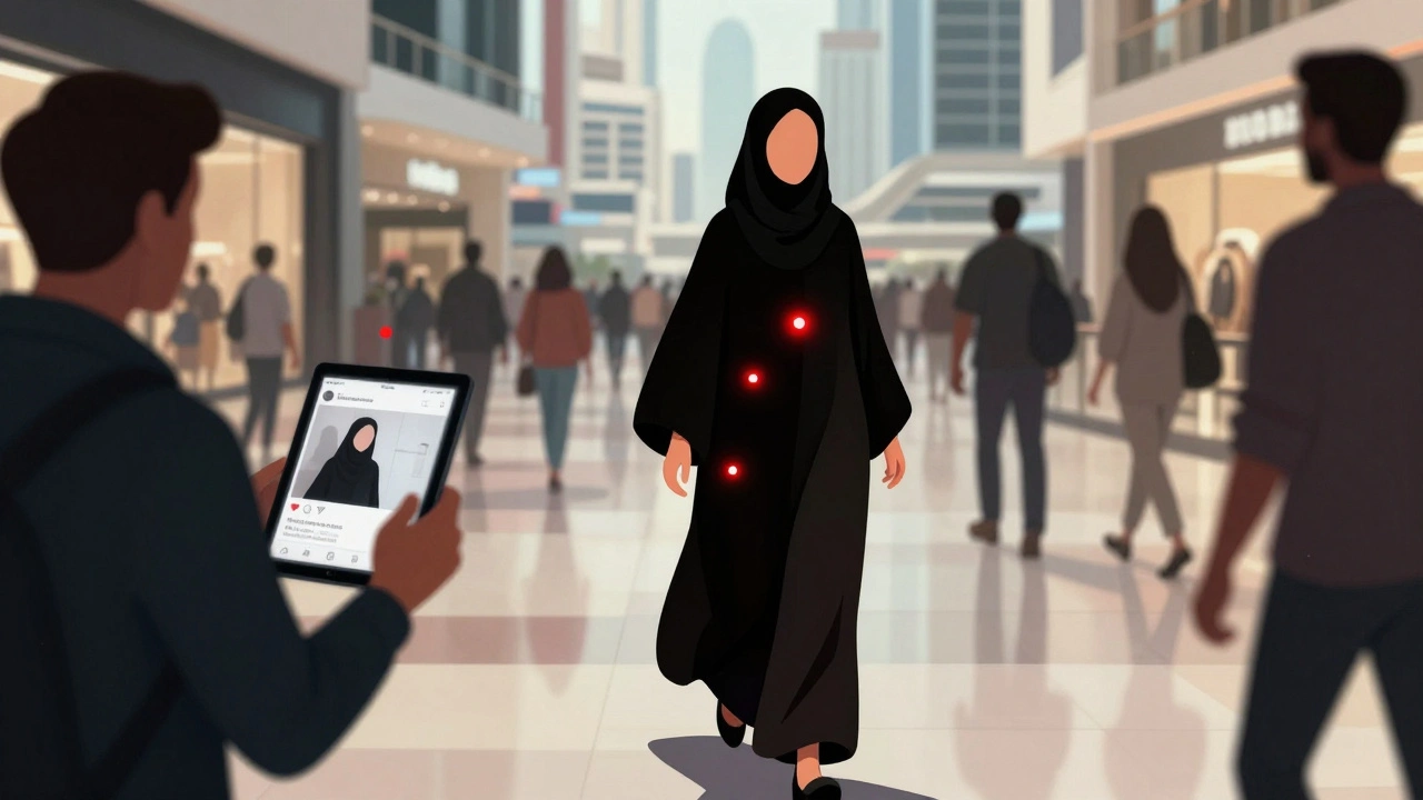 A woman walks through a Dubai mall while hidden figures monitor her stolen photos on digital screens.
