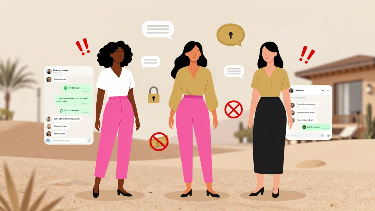 Abstract illustration of escort scams and digital communication risks in Abu Dhabi.