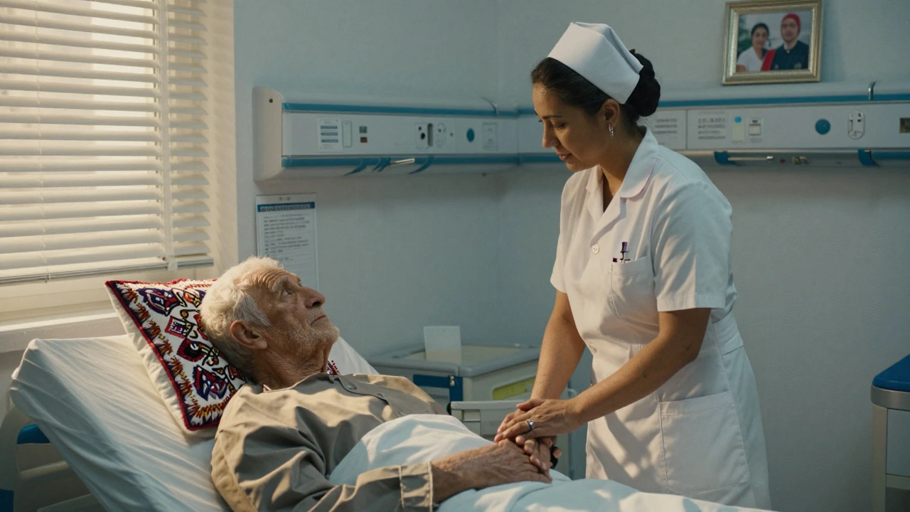 An Uzbek nurse gently holding a patient's hand in Dubai Hospital, sunlight streaming through blinds, family photo on the shelf.