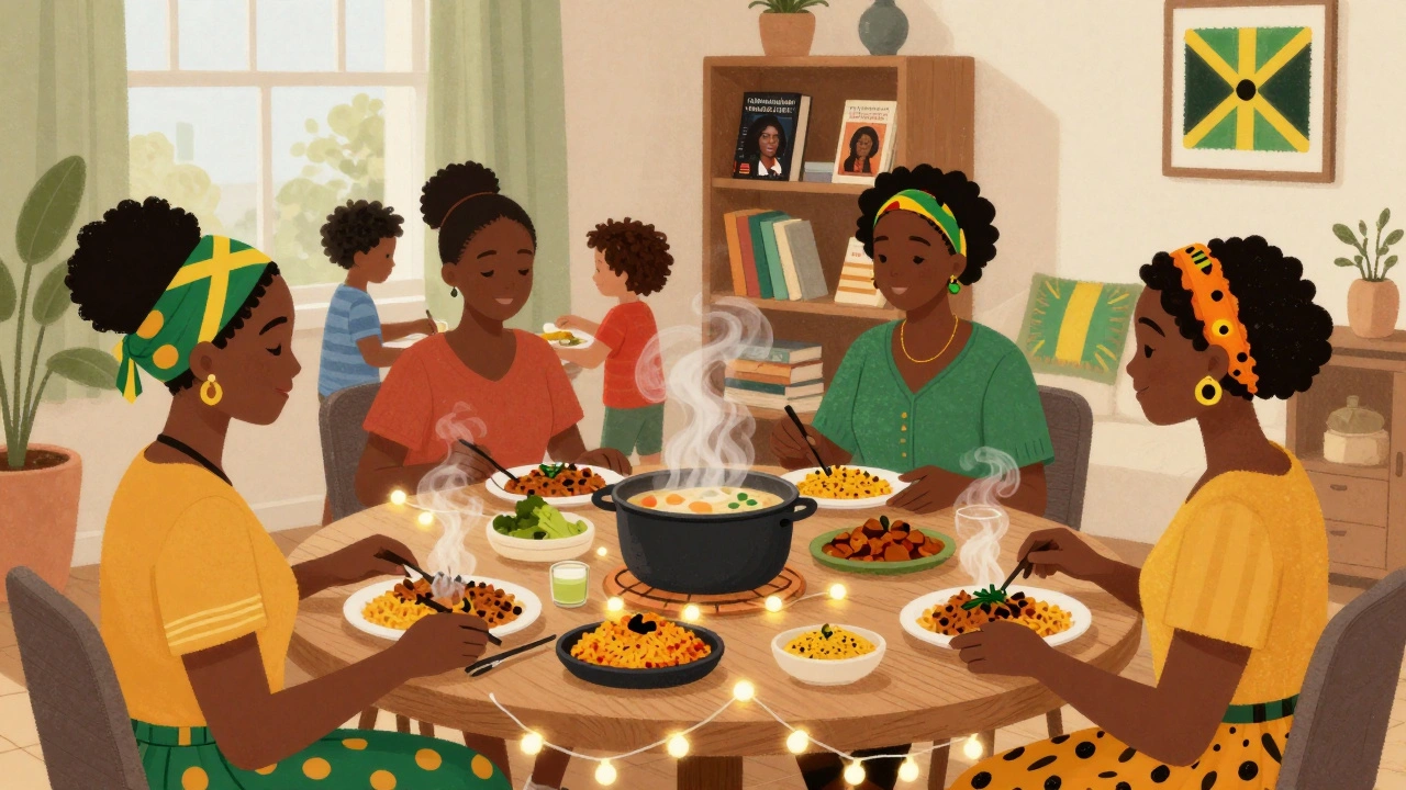 Black women from across Africa sharing a home-cooked meal in a warm, lively apartment filled with books and culture.
