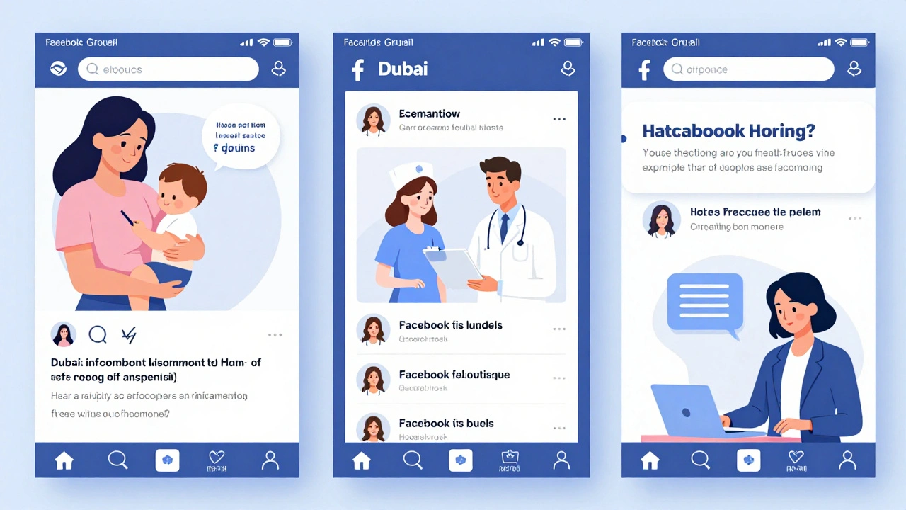 Digital collage showing women posting about childcare, jobs, and housing in Dubai Facebook groups.