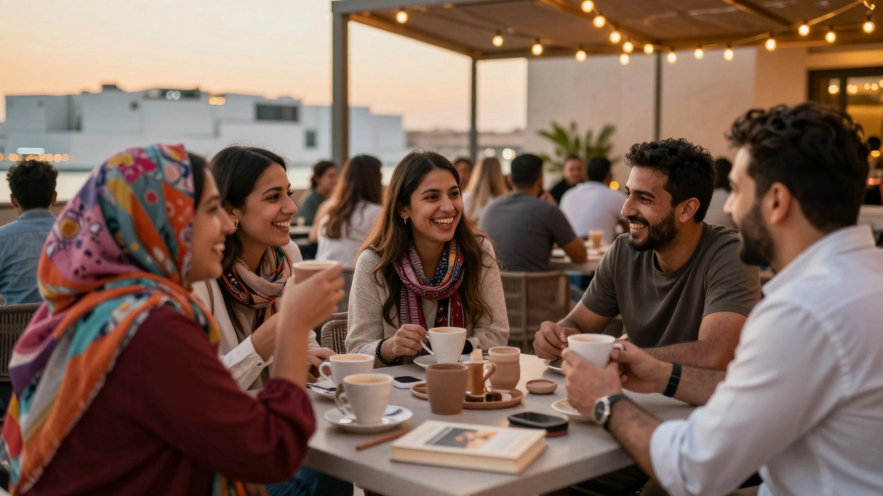 Diverse group of expats laughing at outdoor café near Louvre Abu Dhabi at sunset.