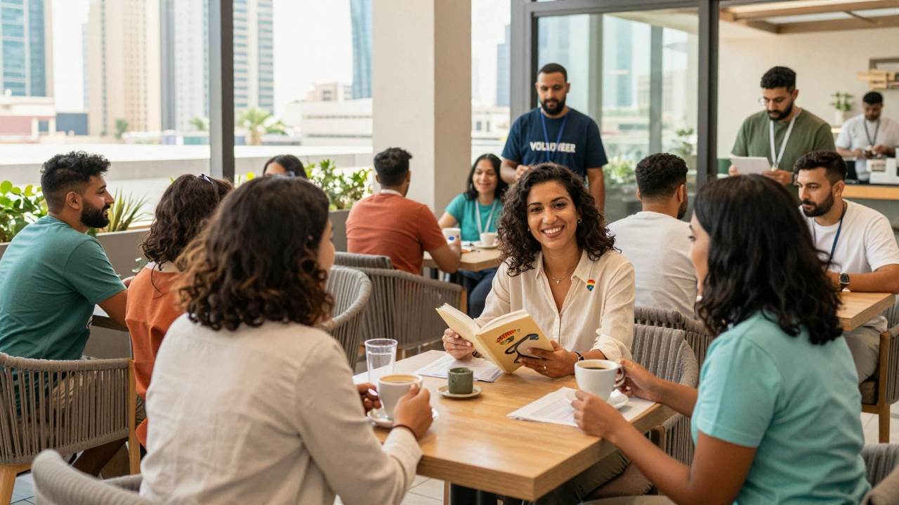 Diverse people socializing warmly at a rooftop cafe in Dubai, enjoying coffee and conversation in a safe, inviting environment.