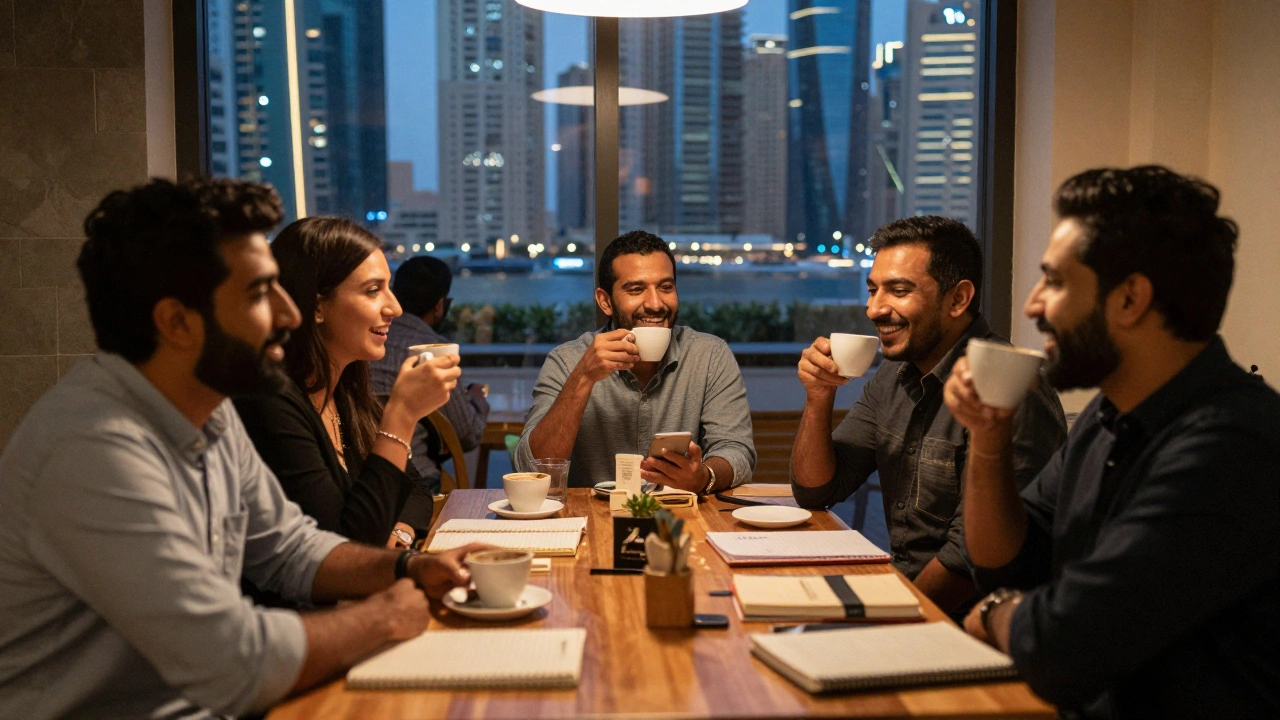Expats enjoy coffee and conversation in a cozy Dubai café, sunlight streaming through the window.
