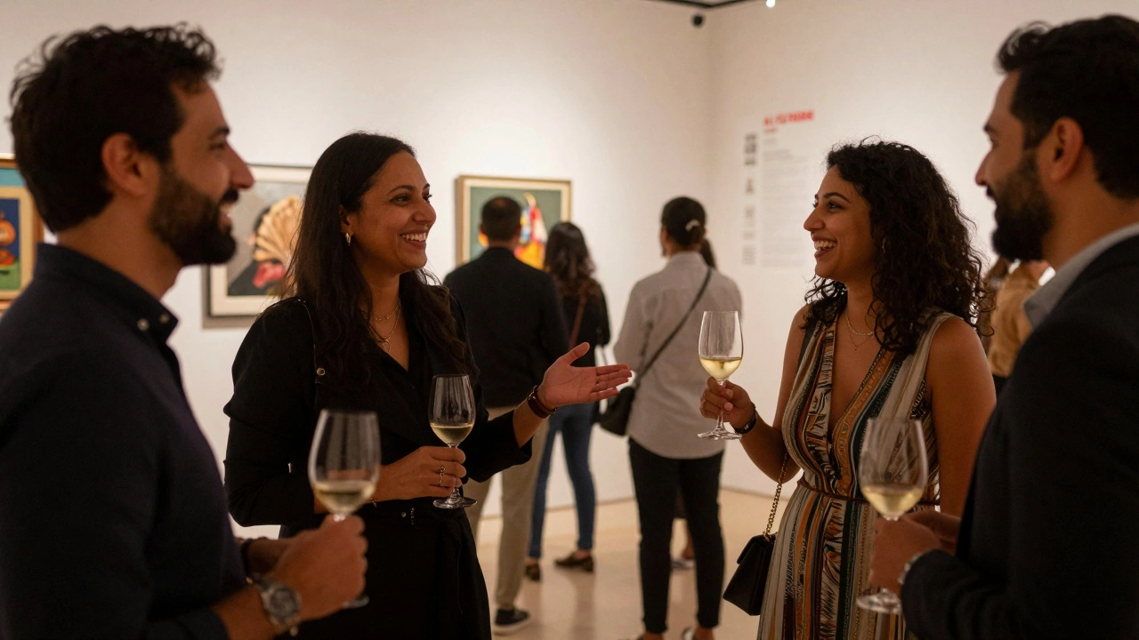 Expats socialize at an art event in Dubai, laughing and conversing under soft gallery lighting.