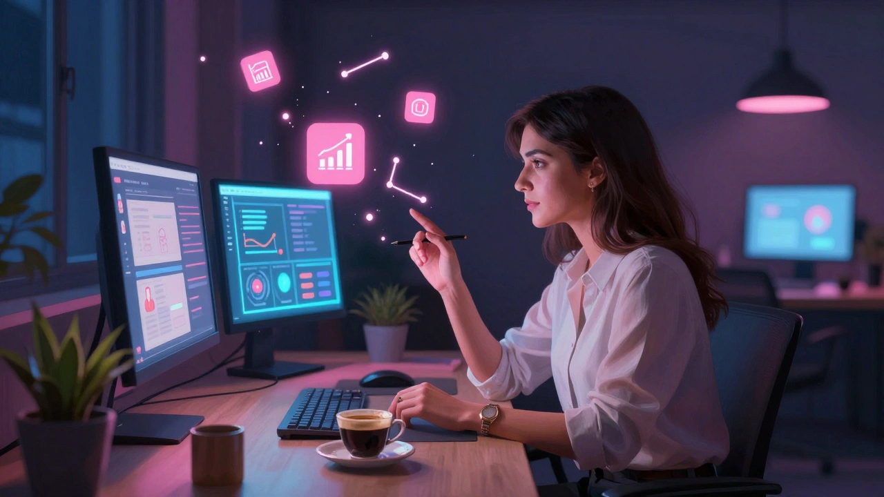 Female entrepreneur in a co-working space surrounded by digital analytics and glowing icons.