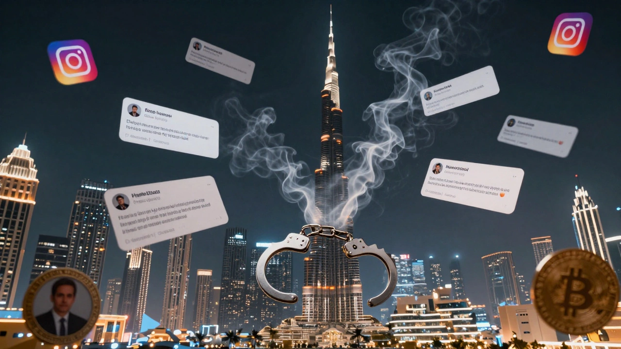 Floating fake escort profiles and payment receipts dissolving into smoke with handcuffs emerging above Dubai's skyline.