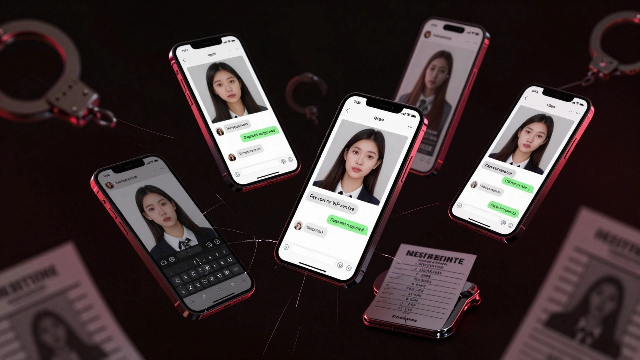Floating smartphone screens showing fake escort ads with handcuffs and deportation notices in the background.