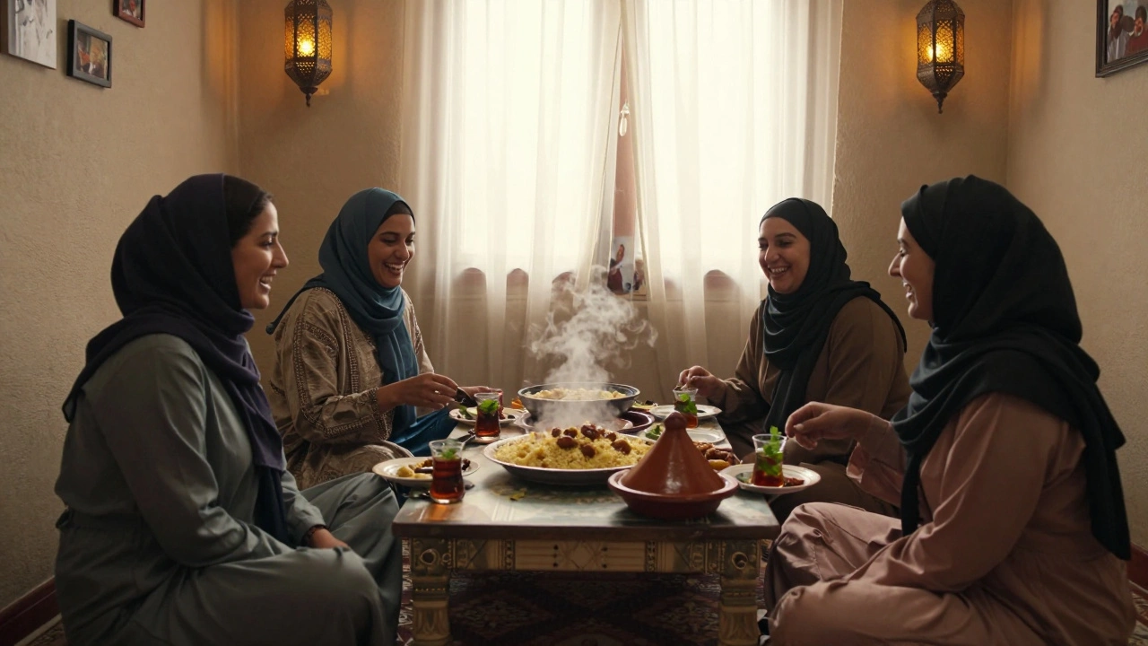 Four Moroccan women sharing a meal on floor cushions, enjoying couscous and mint tea in a cozy JLT apartment with cultural decor.