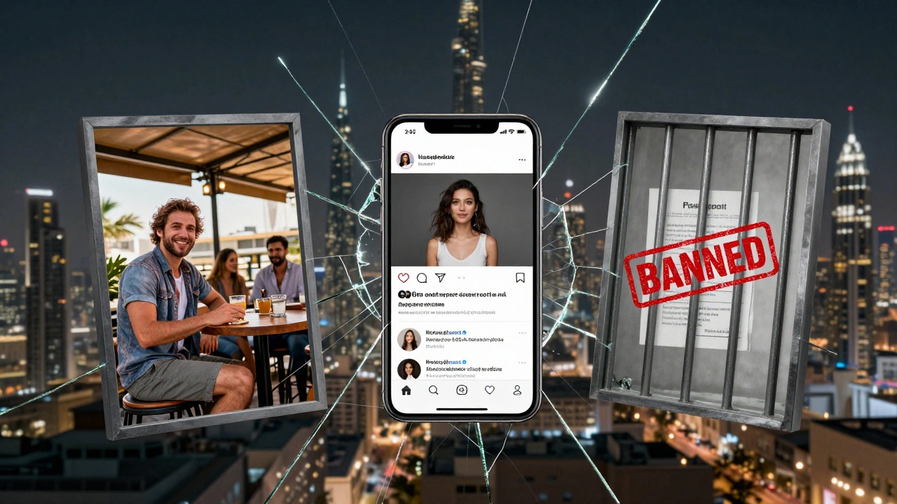 Fractured mirror showing Dubai nightlife, fake escort profiles, and a banned passport.