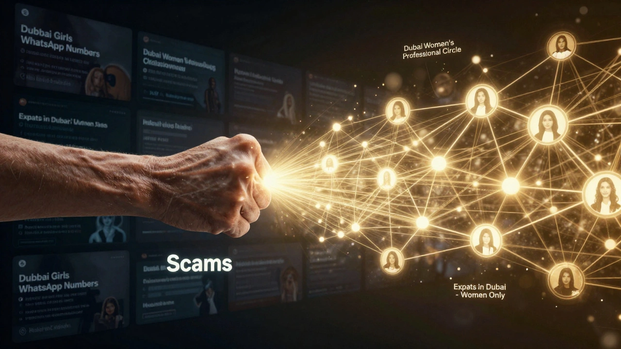 Glowing network of real women's connections overpowering shadowy clickbait scams labeled 'Dubai Girls'.