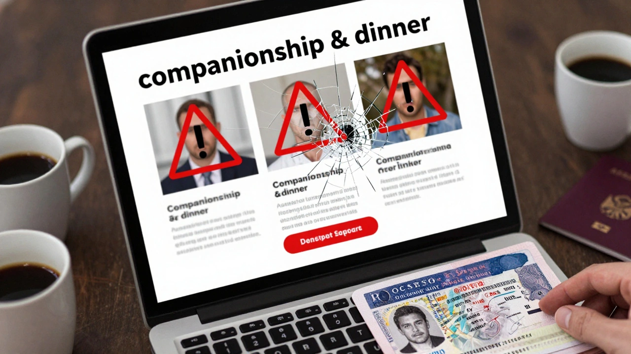 Laptop screen showing a suspicious escort ad with warning symbols and a passport nearby.