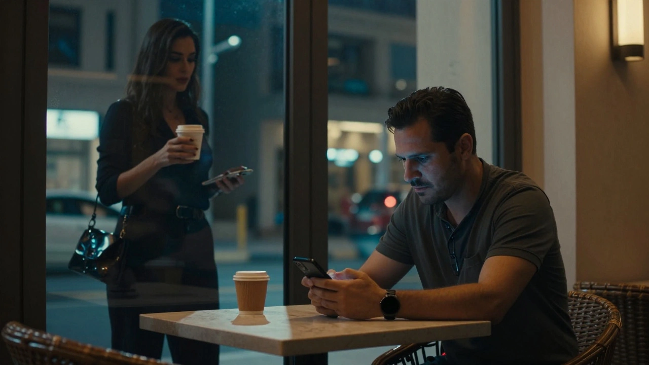 Man at a café in Bur Dubai staring at his phone, shadowy figure outside the window.