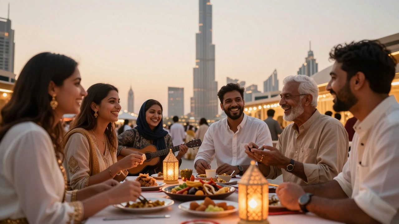 People enjoying a vibrant Indian cultural gathering in Dubai, sharing food and laughter under lantern lights.