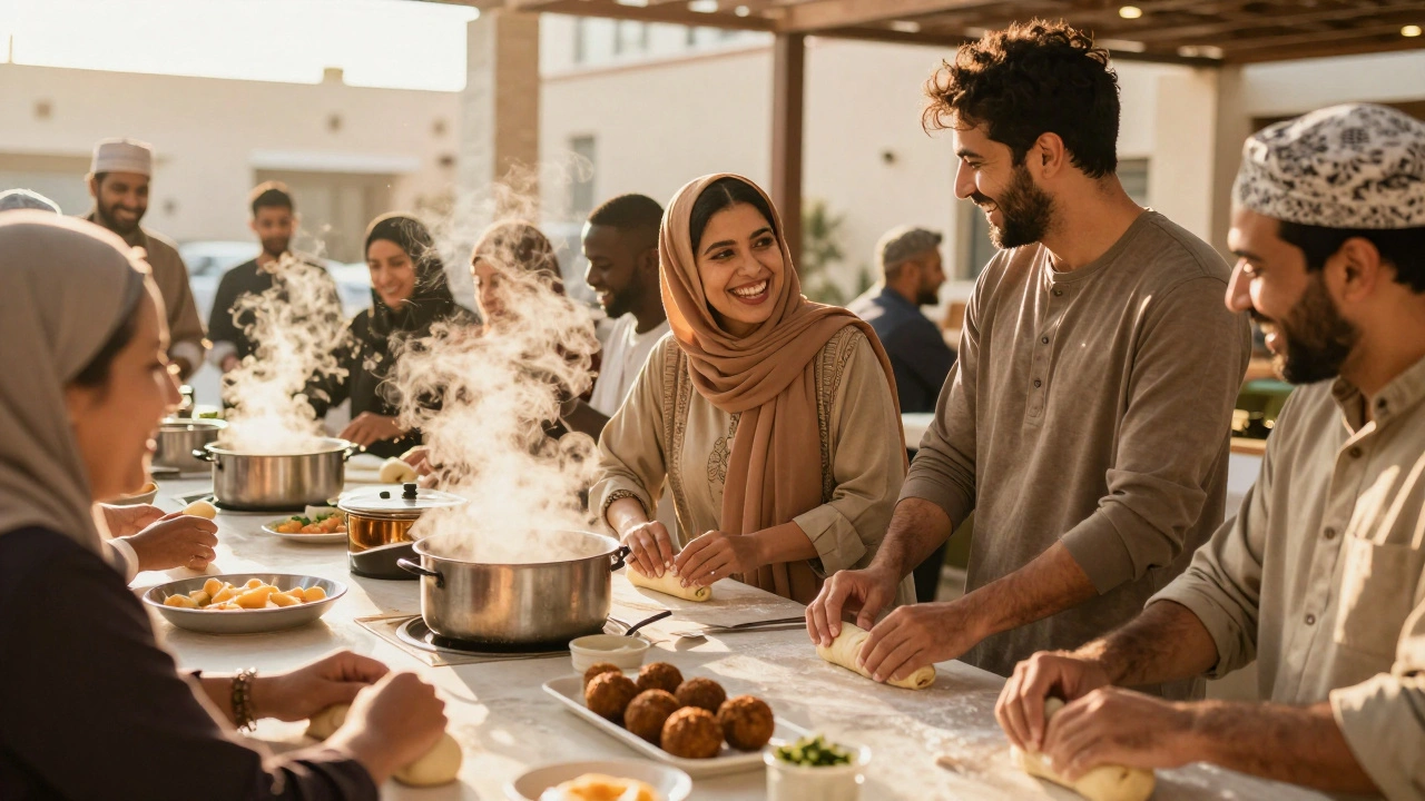People laughing together in a Dubai cooking class, sharing food and culture.
