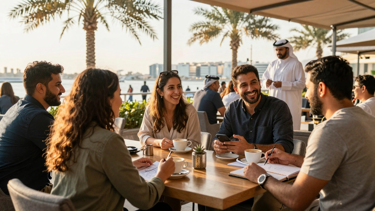 People socializing in a sunny Dubai Marina café, laughing and chatting, enjoying authentic connections in a vibrant setting.