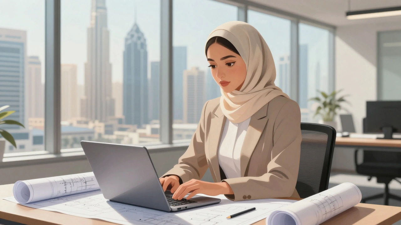 Professional woman in a Dubai office with hijab, reviewing blueprints, sunlight illuminating her workspace and the city outside.