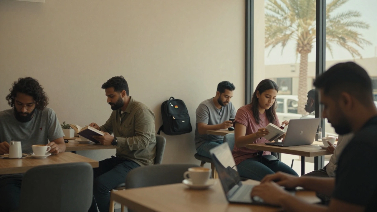Quiet expats socialize in a neutral café, with a subtle rainbow pin suggesting safe community space.