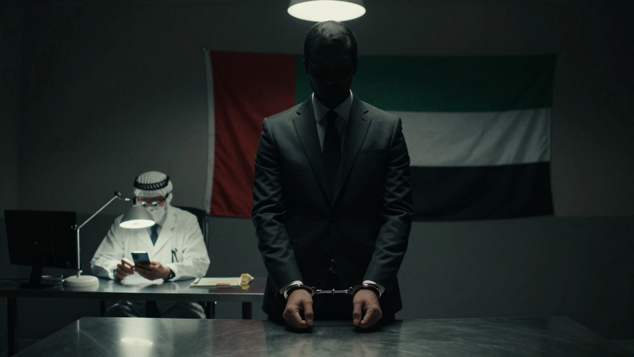 Shadowy figure in police interrogation room, forensic technician examining a seized phone.