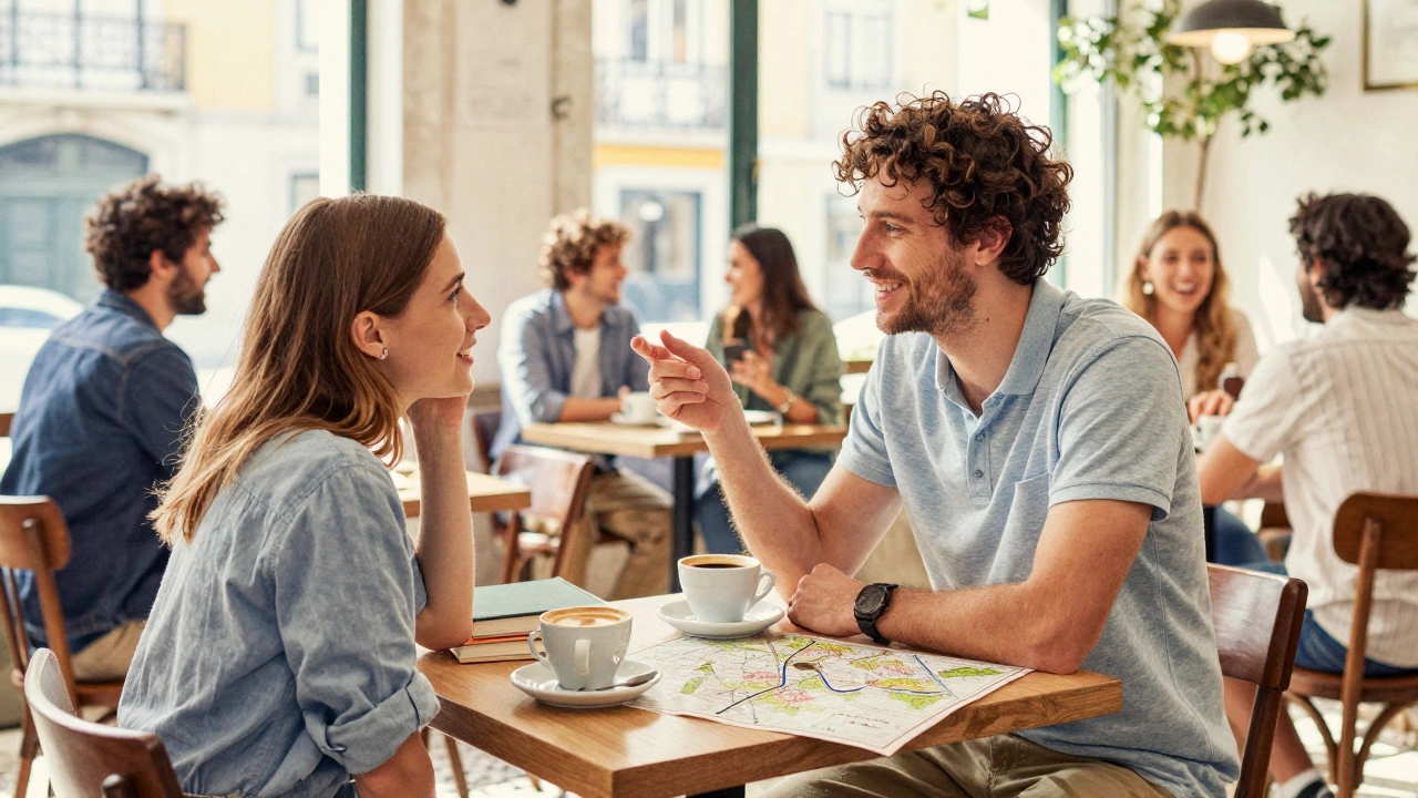 Solo traveler chatting with a local guide in a sunny Lisbon café over coffee and maps.