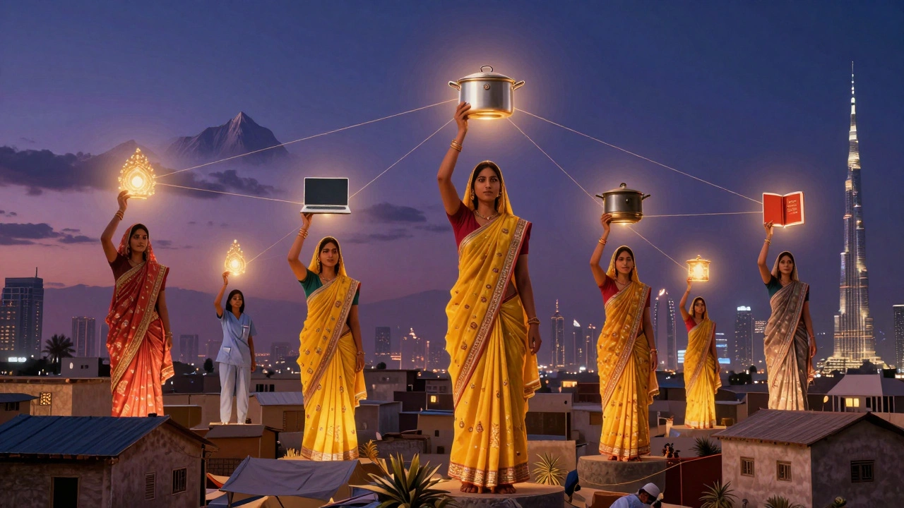 Symbolic pillars of light shaped like work and cultural items connecting Nepal and Dubai at twilight.