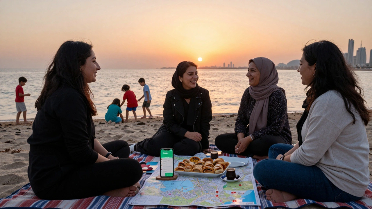 Three Turkish women having a picnic at Kite Beach with children and homemade food.