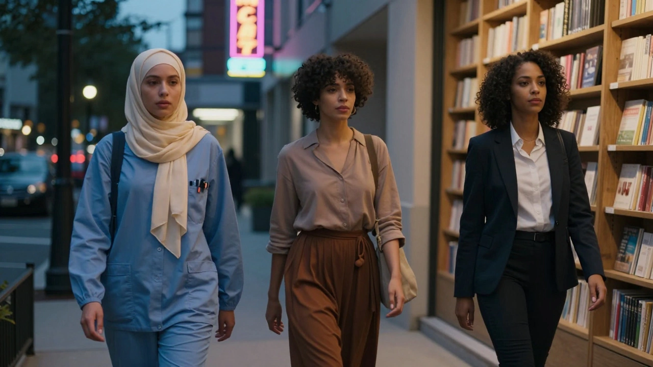 Three women from diverse backgrounds each in their own nighttime setting: leaving a hospital, walking from yoga, closing a bookstore.