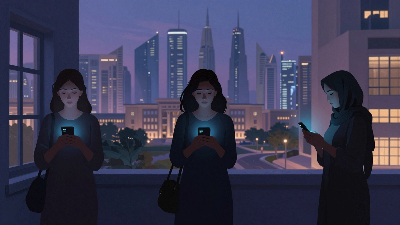 Three women silhouetted against Abu Dhabi skyline, each in different settings, encrypted phones glowing.