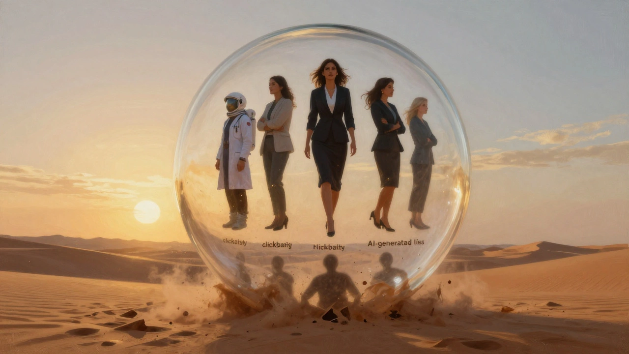 Transparent sphere with silhouettes of empowered Dubai women rising above desert sands, while false stereotypes dissolve into sand.