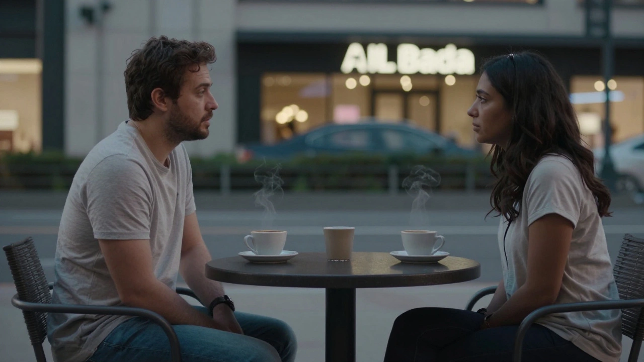 Two people meeting at a café near Al Bada Mall at dusk, seated respectfully apart.