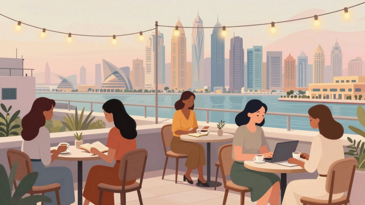 Women relaxing at a quiet rooftop café in Dubai Marina, reading and chatting softly.