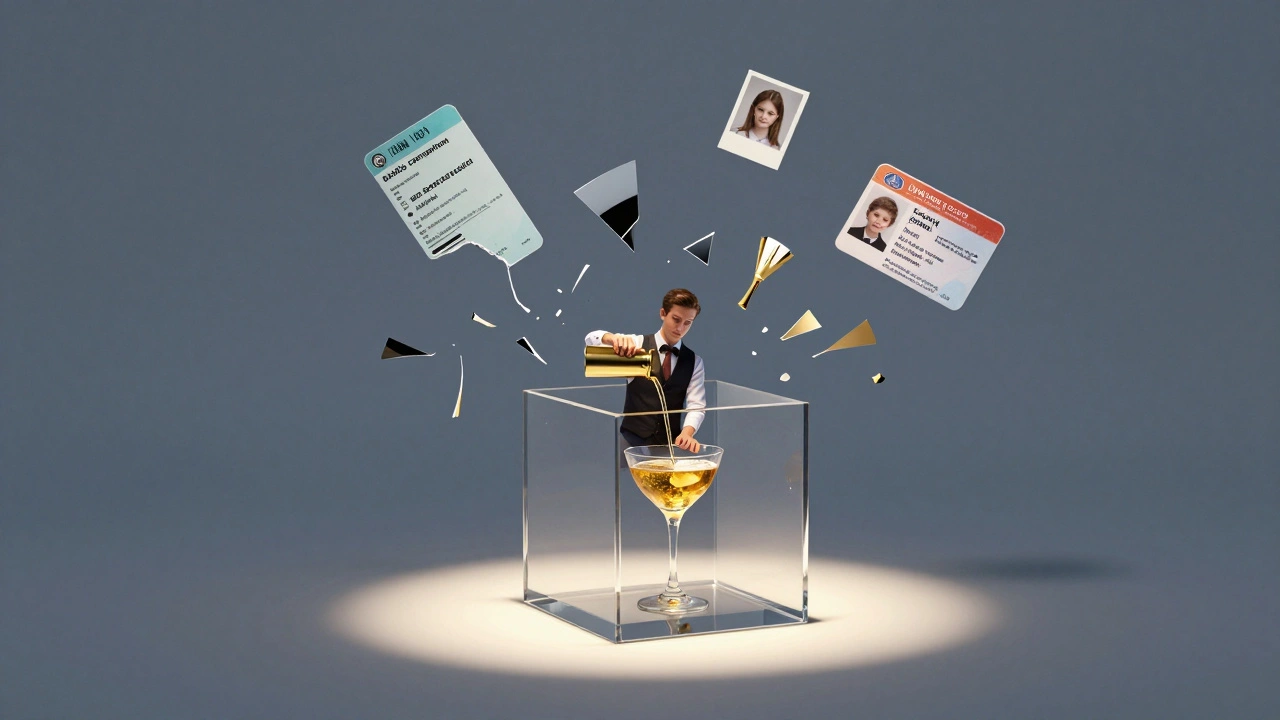 A bartender pouring a drink inside a glass cube as false stereotypes shatter around them, revealing real personal items.
