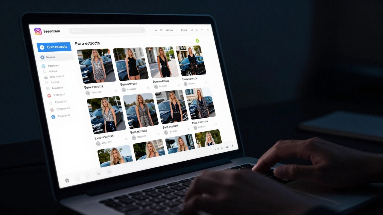 A laptop screen shows multiple fake escort profiles using identical stock photos, in a dark room lit only by monitor light.