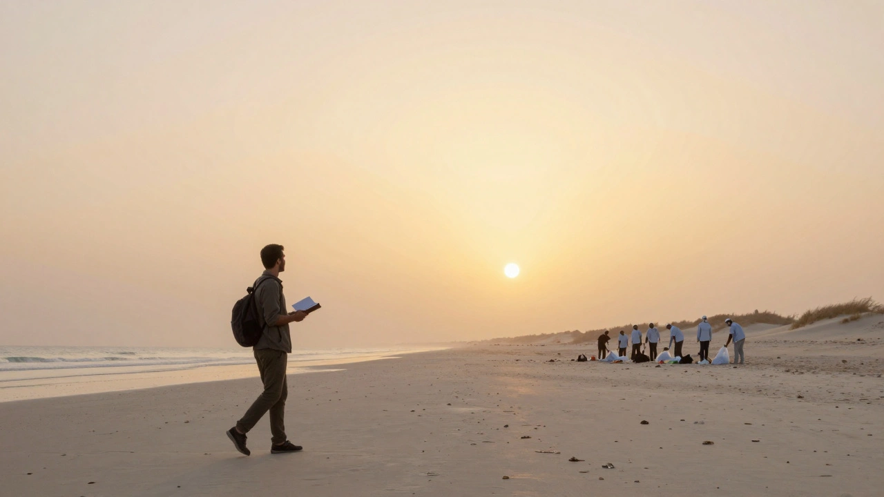 A lone traveler at dawn on a Kuwait beach, watching volunteers clean the shore, symbolizing meaningful alternatives.