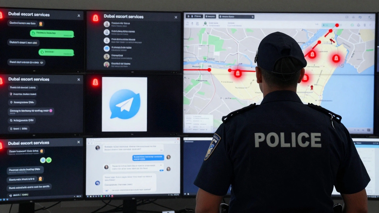 A police officer monitors intercepted online messages about illegal escort services on multiple screens.