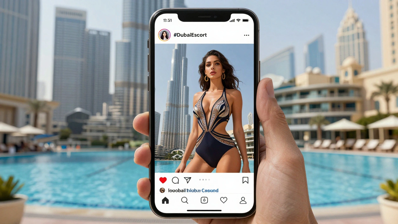 A smartphone screen displaying a staged Instagram post with Dubai landmarks and escort hashtags.