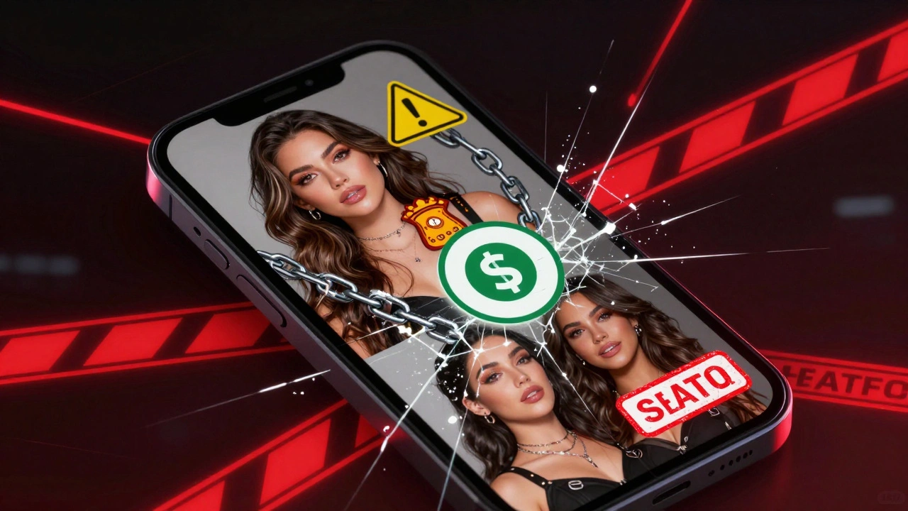 A smartphone screen displays a glamorous escort profile overlaid with warning symbols like chains and a police badge.
