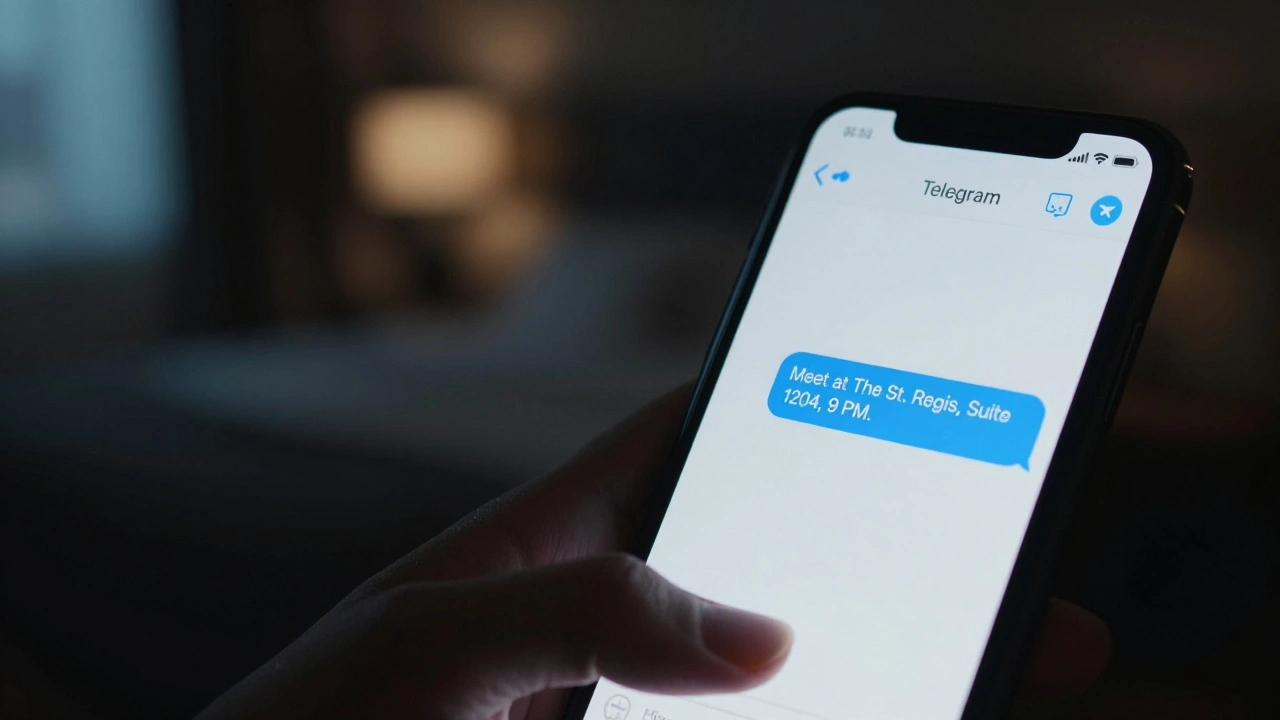 A smartphone screen showing an encrypted message for a secret meeting in Abu Dhabi.