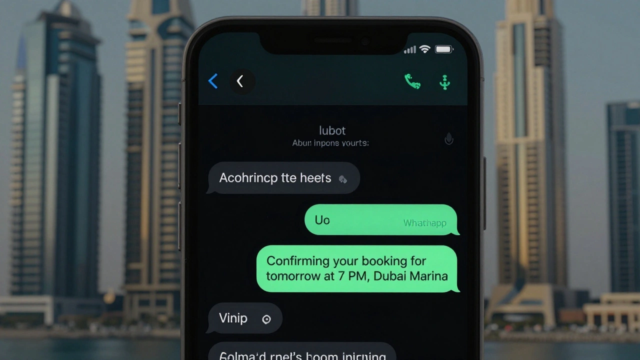 A smartphone screen showing an encrypted WhatsApp message about a discreet escort booking in Dubai Marina.