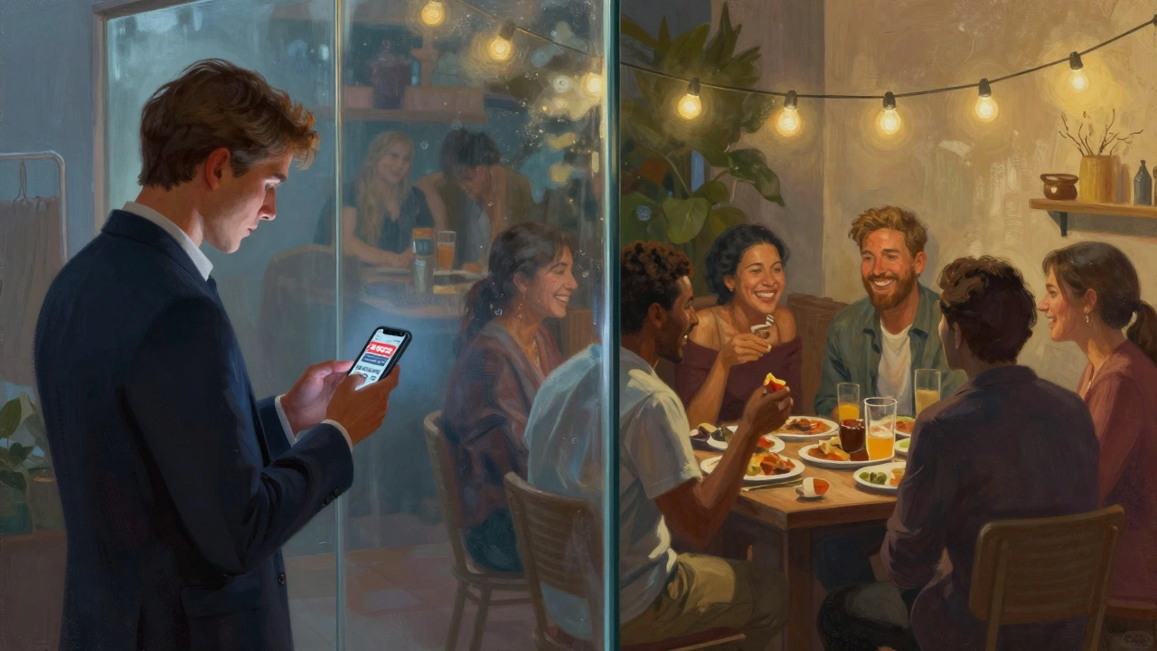 A transparent barrier separates digital escort ads from real human connections at a vibrant expat meetup.