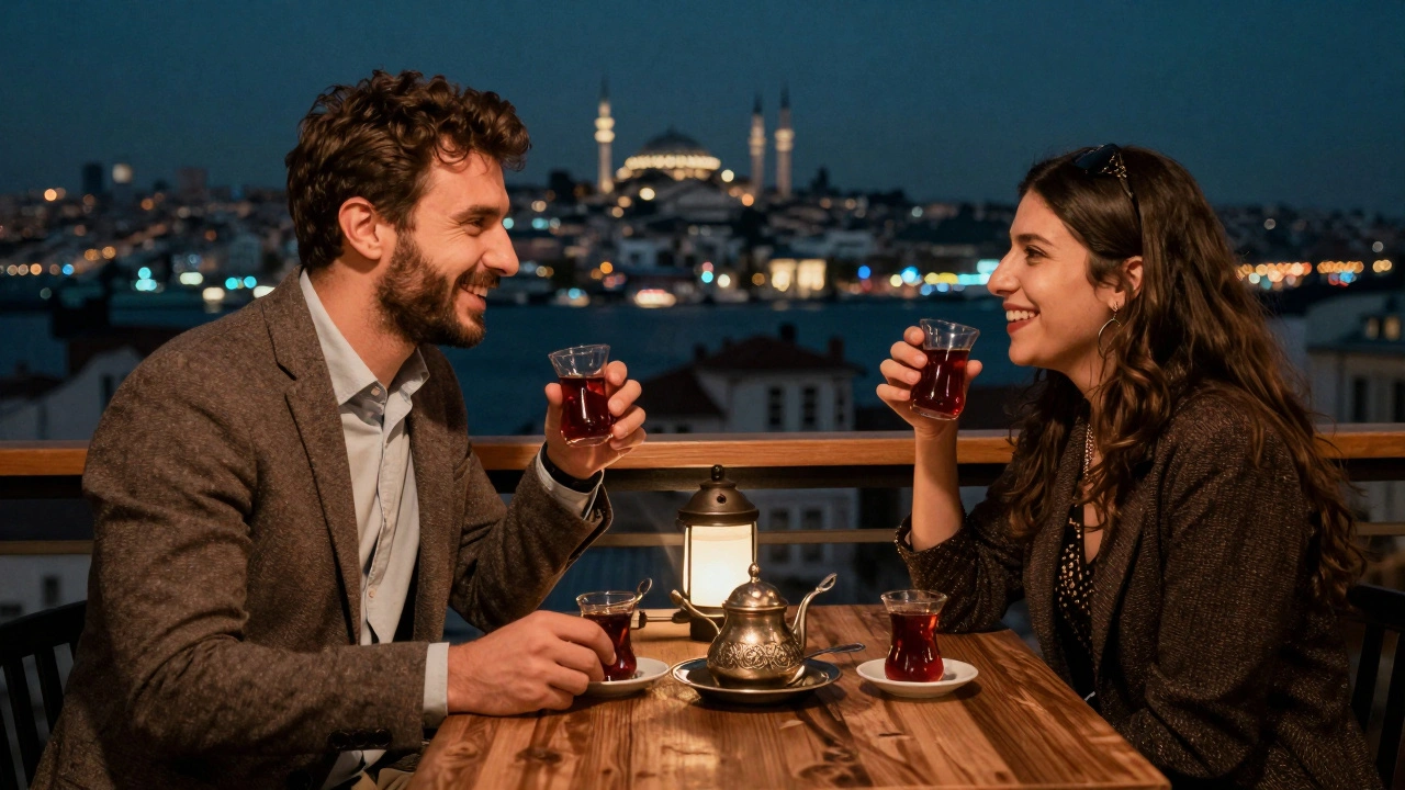 A traveler and local companion sharing conversation and tea on a rooftop bar overlooking Istanbul's lights.