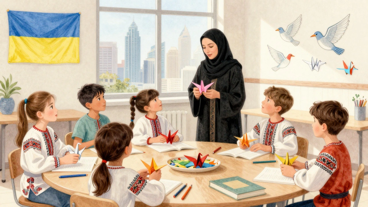 A Ukrainian mother teaching children in a Dubai classroom, blending Ukrainian traditions with a multicultural setting under soft natural light.