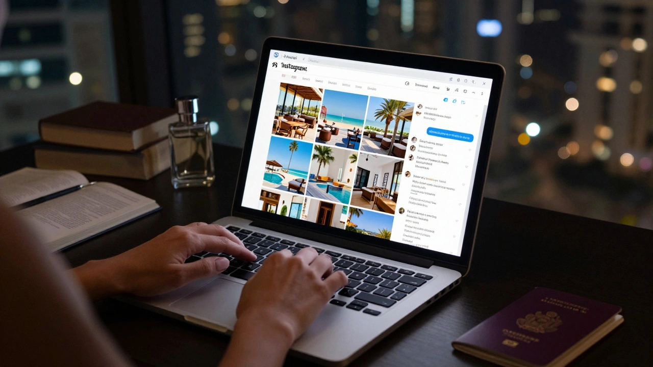 A woman's hands typing on a laptop in a luxury Dubai apartment, screen showing private social media profiles.