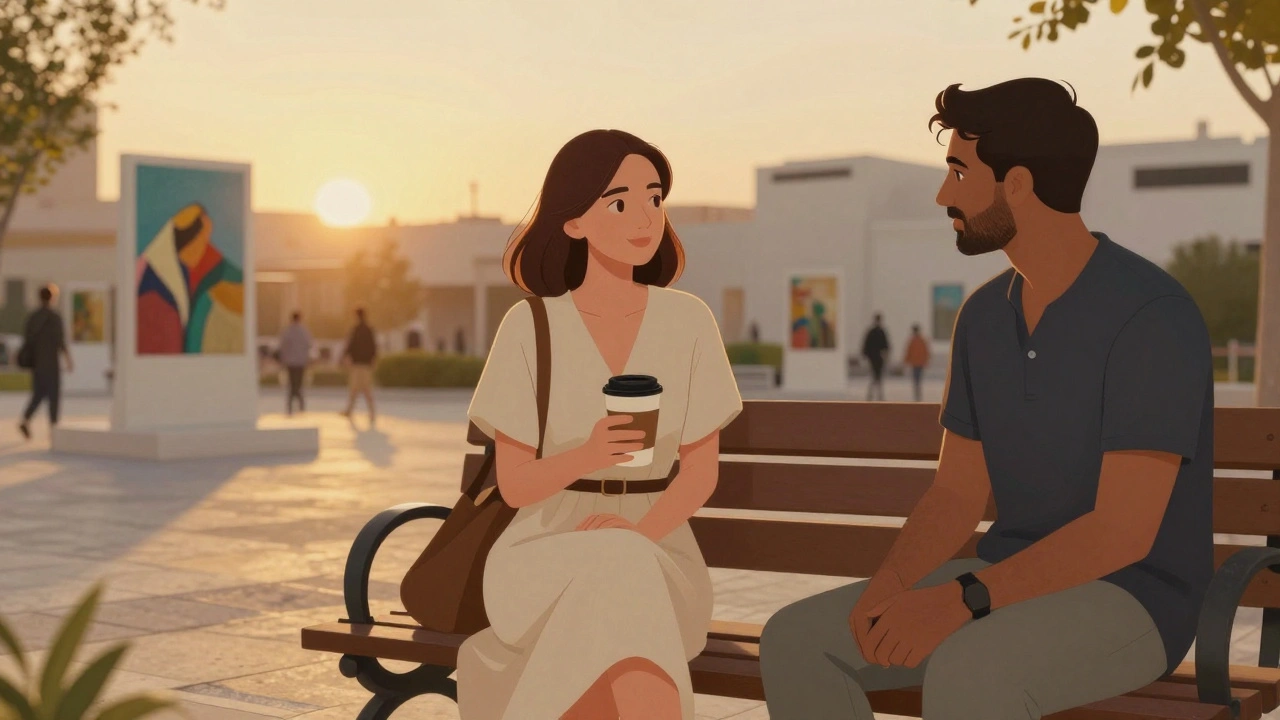 A woman sits on a bench in Alserkal Avenue, sharing a quiet moment with another person over coffee.